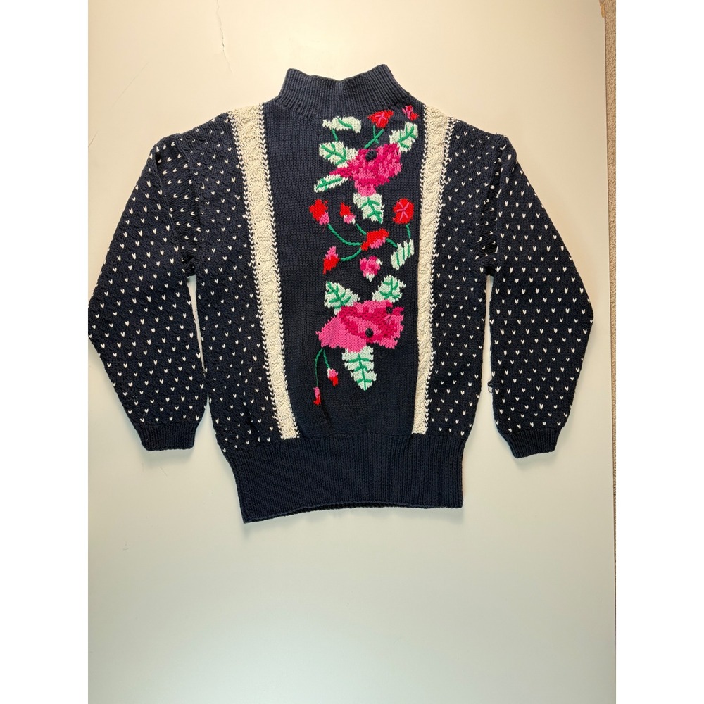 Vintage Navy Blue Floral Embroidered Mock Neck Cotton Sweater Women‎ S M